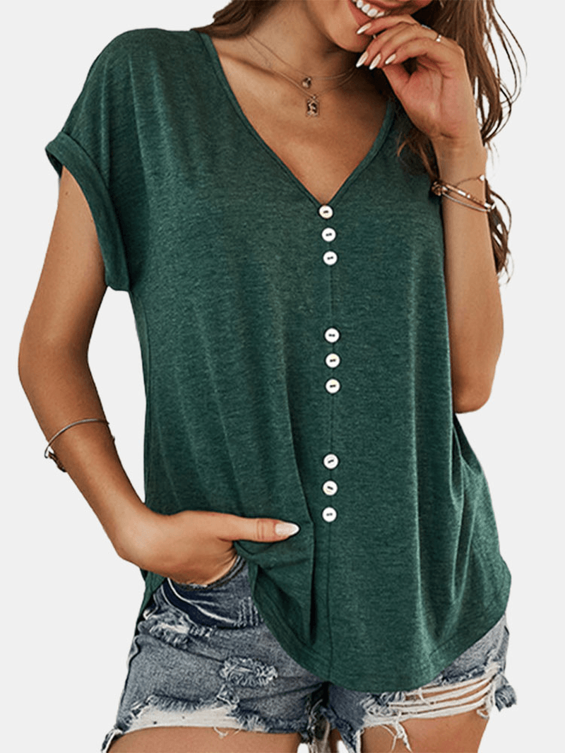 Loose Solid V-Neck Button Short Sleeve Loose Blouse - MRSLM