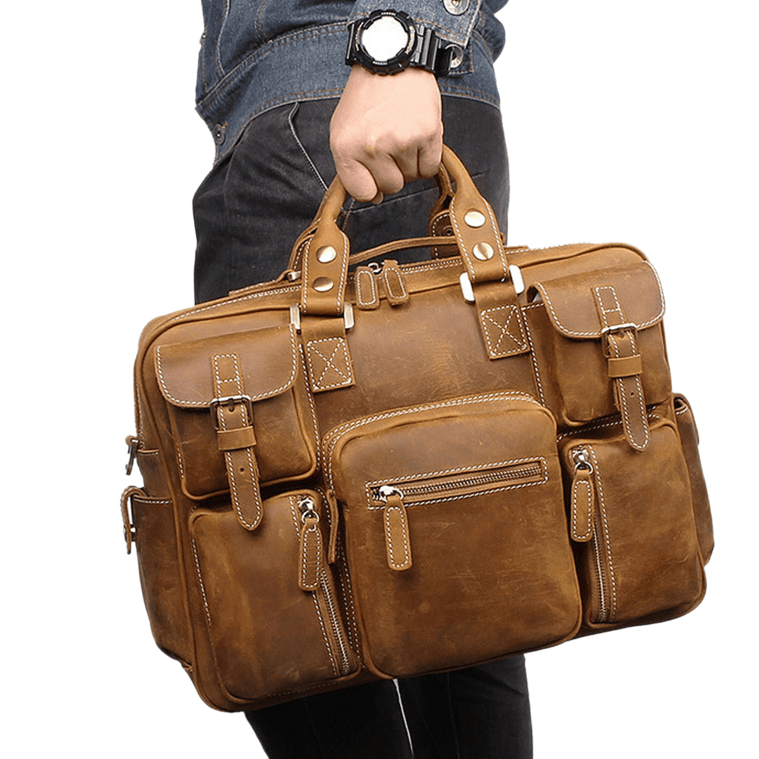 Men Genuine Leather Detachable Strap Large Multi-Pocket 15.6 Inch Laptop Bag Briefcase Messenger Bag Crossbody Bags - MRSLM