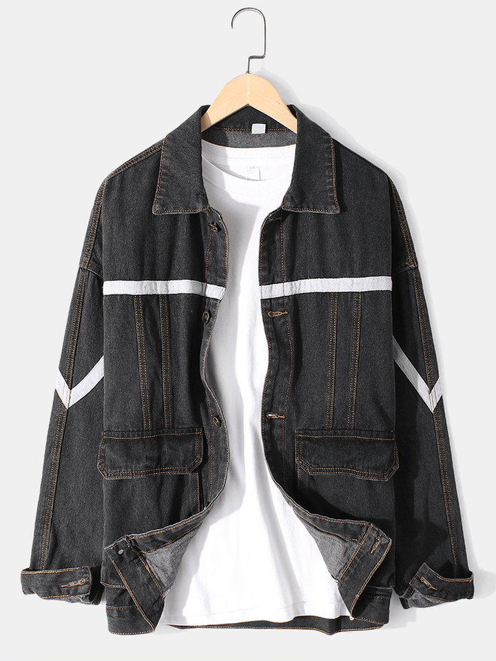 Mens Ribbon Stitching Loose Outdoor Stylish Cargo Denim Jacket with Flap Pocket - MRSLM