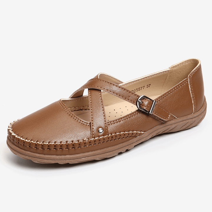 Women Cross Strap Stitching Buckle Slip Resistant Flats - MRSLM