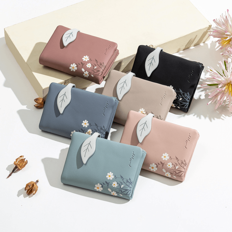 Women PU Leather Floral Printing Casual Mini Easy Carry Money Clip Card Holder Wallet - MRSLM