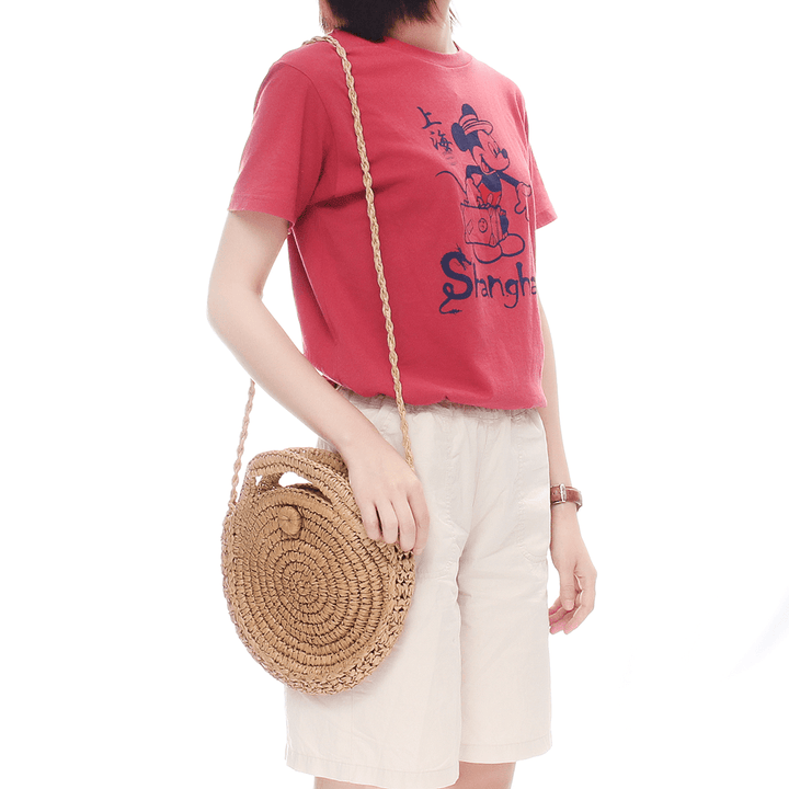 Round Straw Bag Beige White Women Rattan Circle Handwoven Shoulder Bag Crossbody Bag - MRSLM