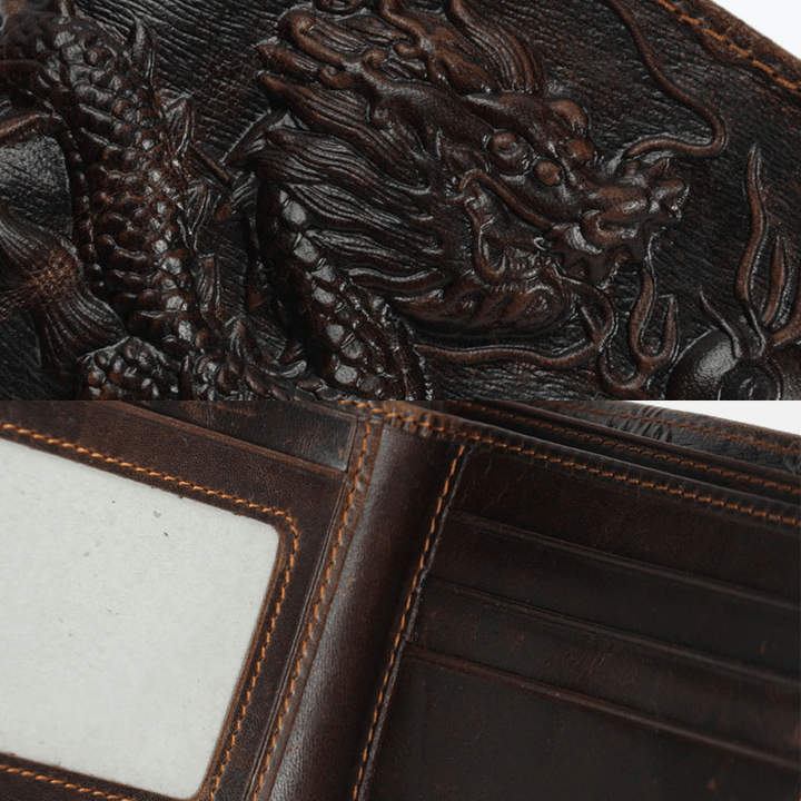 Men Genuine Leather 3D Dragon Pattern Retro Fashion Leather Card Holder Wallet - MRSLM