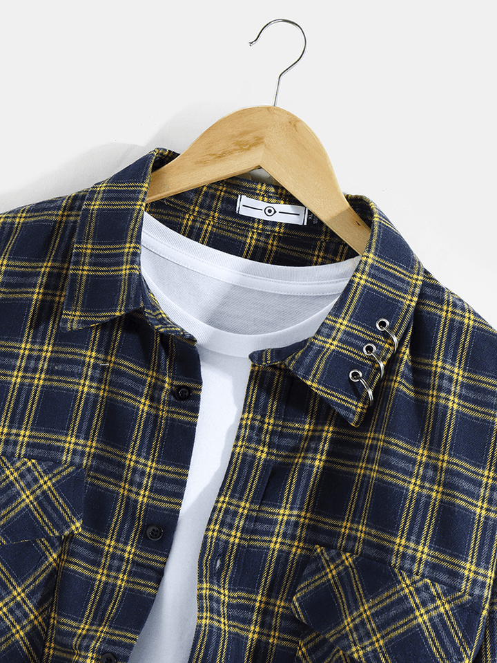 Mens Plaid Ring Detail Cotton Long Sleeve Shirts with Flap Pocket - MRSLM