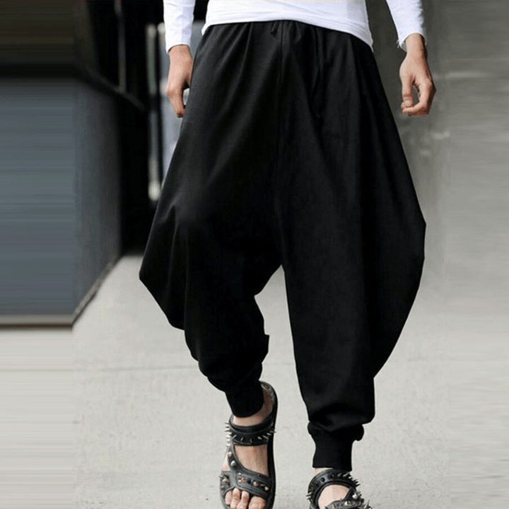 Mens Casual Cotton Linen Solid Color Baggy Loose Harem Pants - MRSLM