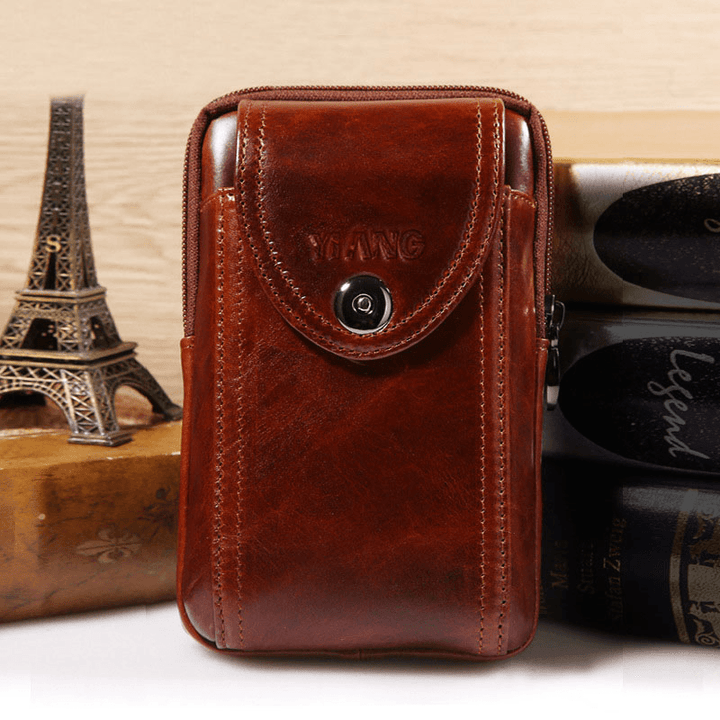 Men Genuine Leather Retro Multifunction 6 Inch Phone Bag Crossbody Bag Waist Bag - MRSLM