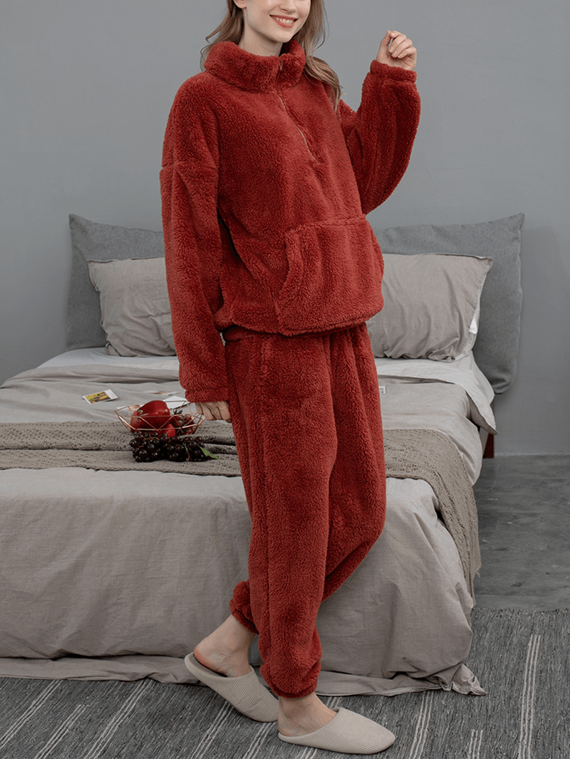 Women Solid Color Plush Fluffy Kangaroo Pocket Pullover Jogger Pants Home Pajama Set - MRSLM