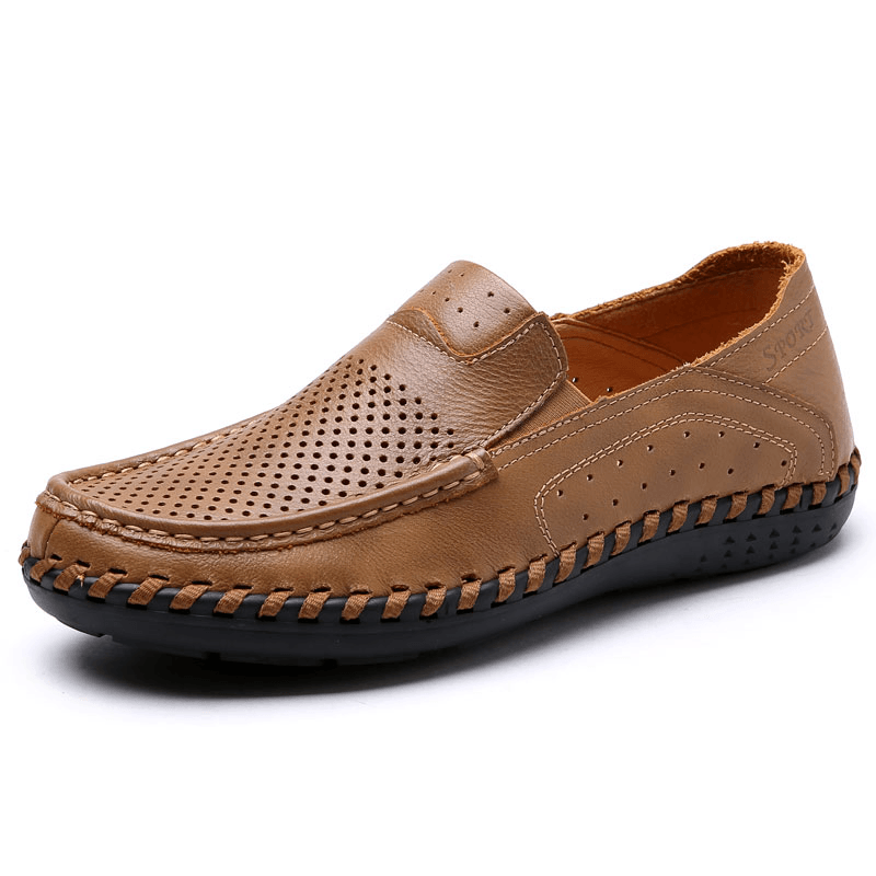 Men Leather Breathable Hollow Out Hand Stitching Soft Sole Non Slip Comfy Casual Shoes - MRSLM