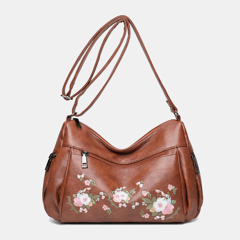 Women Ethnic Flower Embroidered Large Capacoty Crossbody Bag Vintage Texture Hardware Waterproof Breathable Soft Leather Shoulder Bag - MRSLM