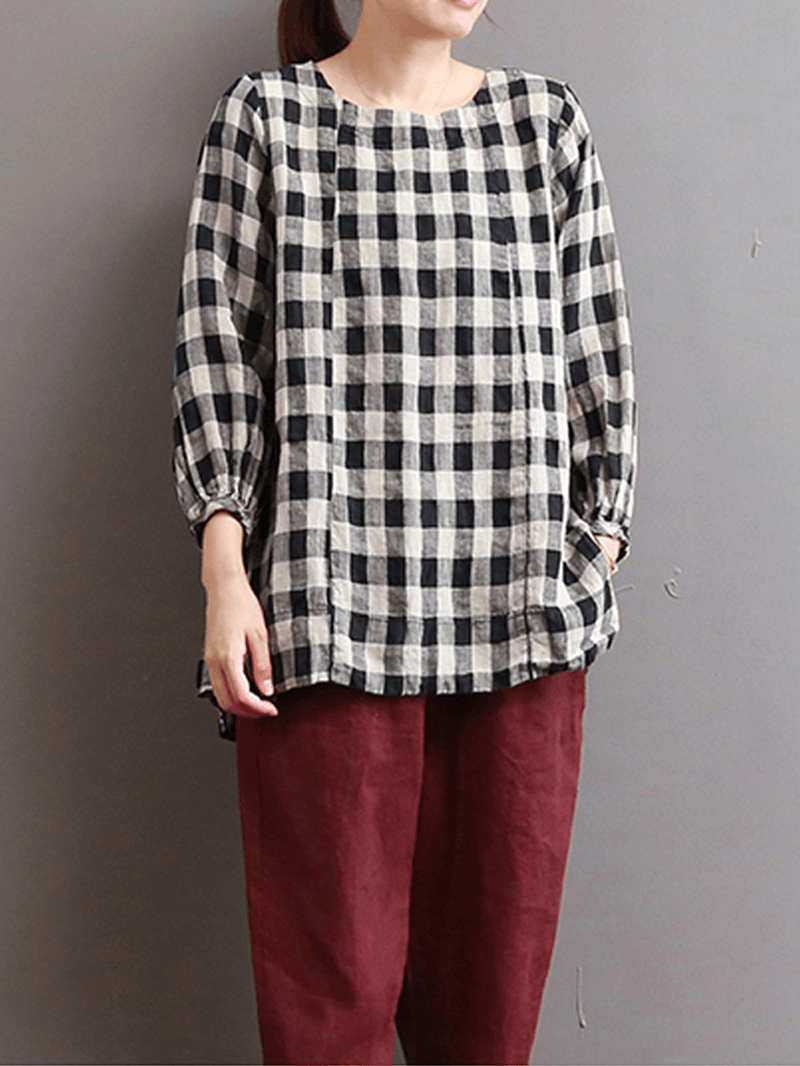 Casual Loose Plaid Long Sleeve Women Blouse - MRSLM