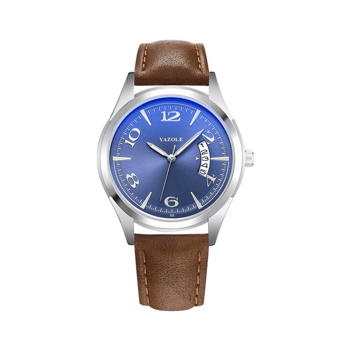 YAZOLE 515 Calendar Date Display Fashion Leather Strap Men Casual Dial Luminous Display Quartz Watch - MRSLM