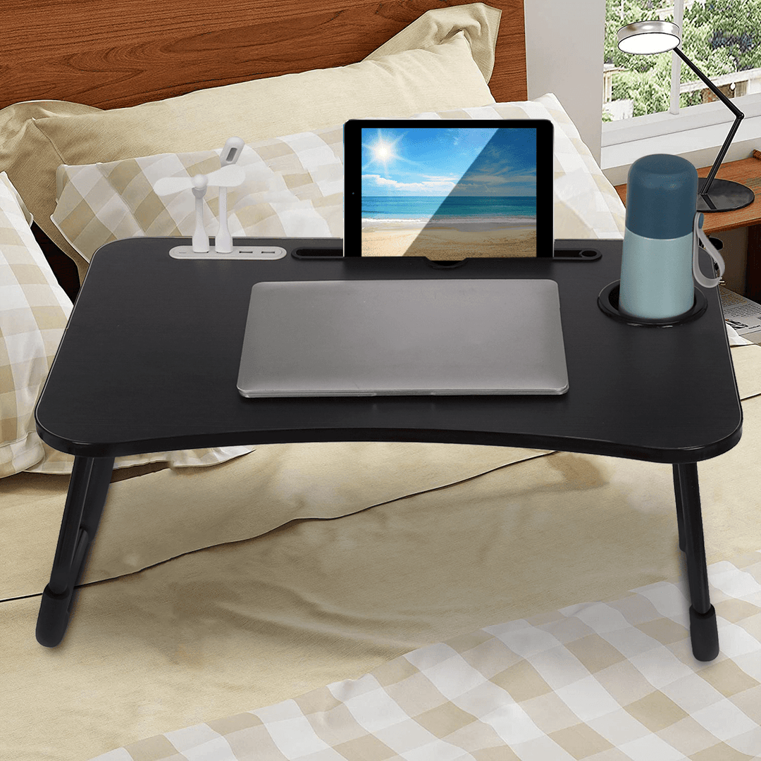 Wooden Laptop Stand Bed Table Laptop Heightening Stand with USB Ports Fan and Lamp for Bedroom Office - MRSLM