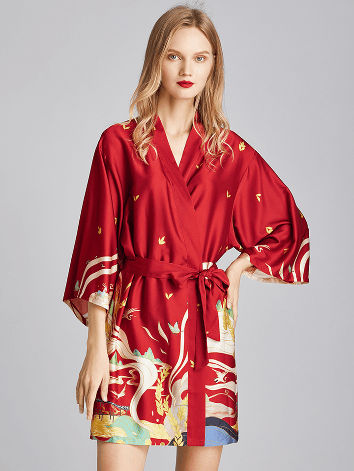 Summer V-Neck 3/4 Sleeve Printed Short Bathrobe Nightgown - MRSLM