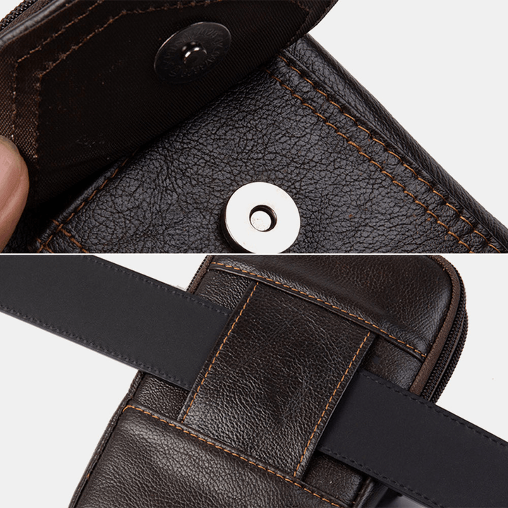 Men Genuine Leather Multifunction 6.5 Inch Phone Bag Retro Large Capacity Cigaret Case Pocket Belt Bag Waist Bag - MRSLM