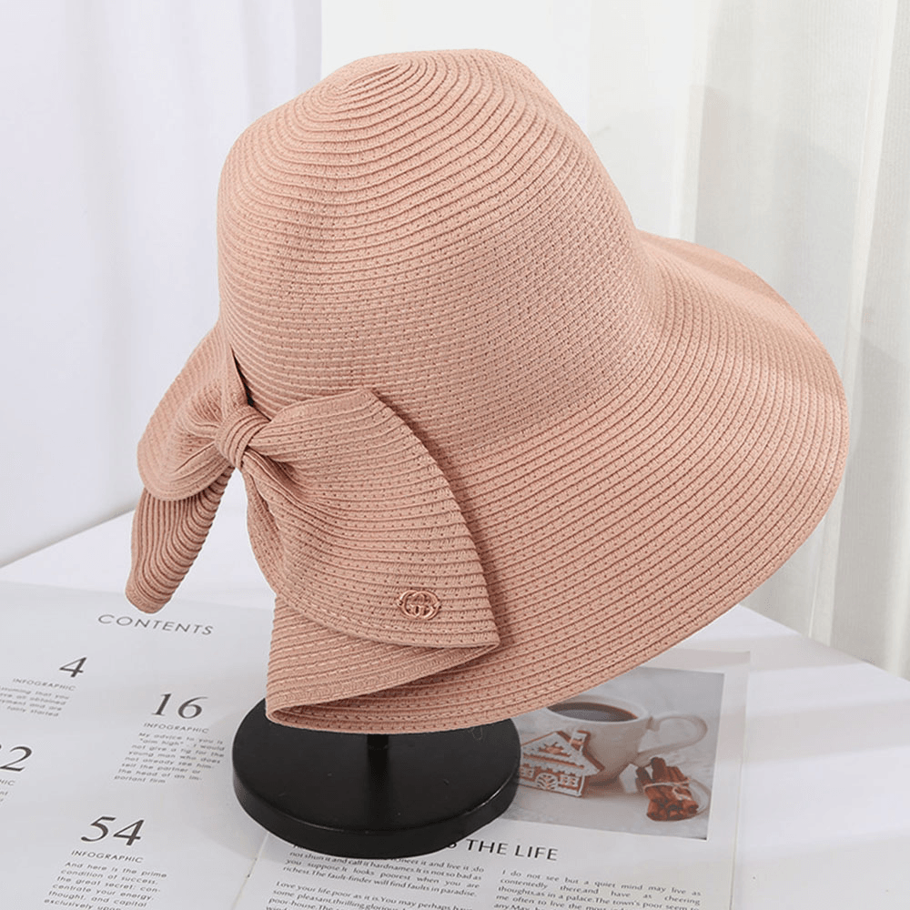 Women Foldable Rear Split Design Bow Straw Hat Adjustable Breathable Summer Casual Wild Sunshade Bucket Hat - MRSLM