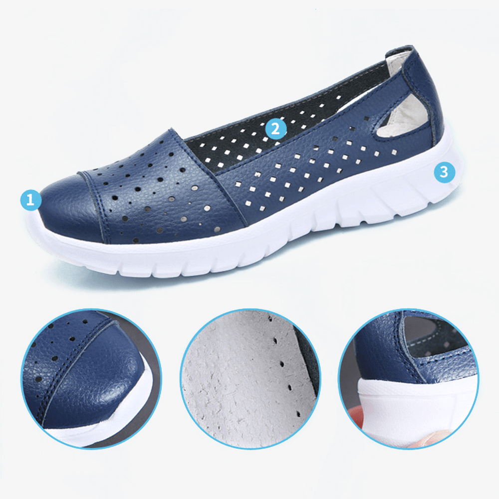 Women Leather Hollow Comfy Breathable Soft Casual Flats - MRSLM