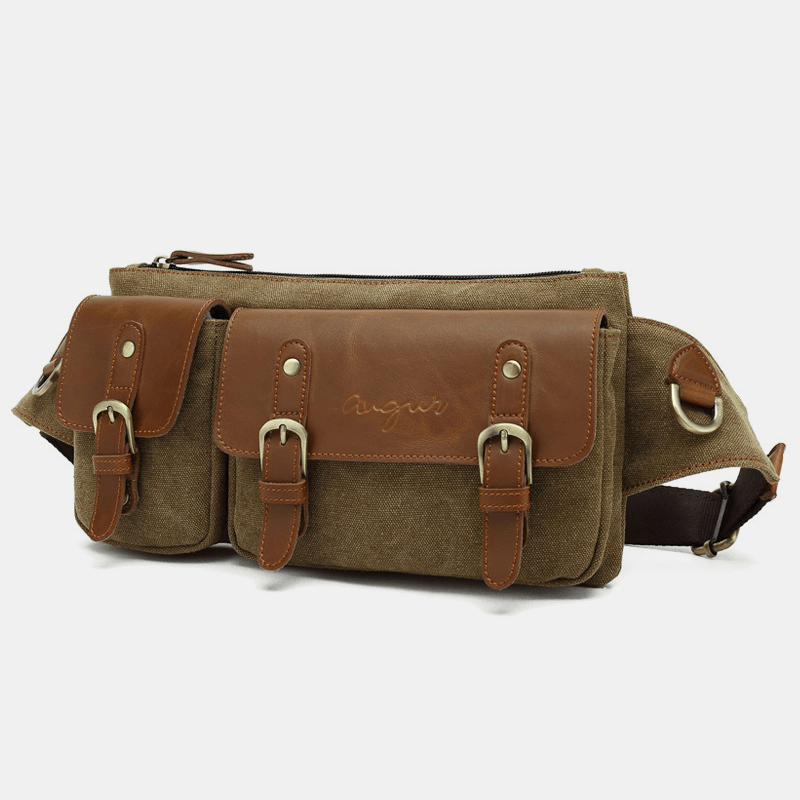 Men Canvas Waist Bag Multifunctional Hasp Pocket Outdoor Casual Chest Bag Shoulder Bag - MRSLM