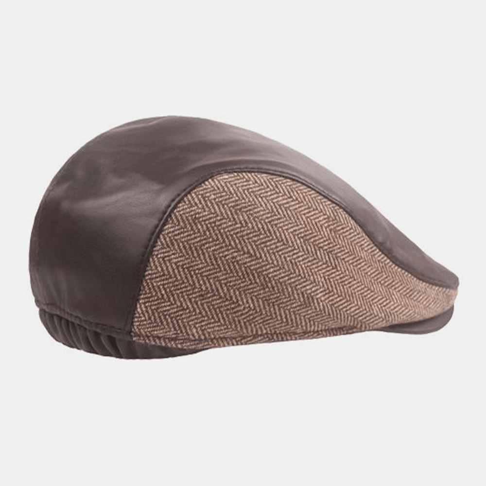 Men PU Leather Herringbone Stitching Beret Cap Autumn Winter Outdoor Ear Protection Earmuffs Warm Forward Cap - MRSLM