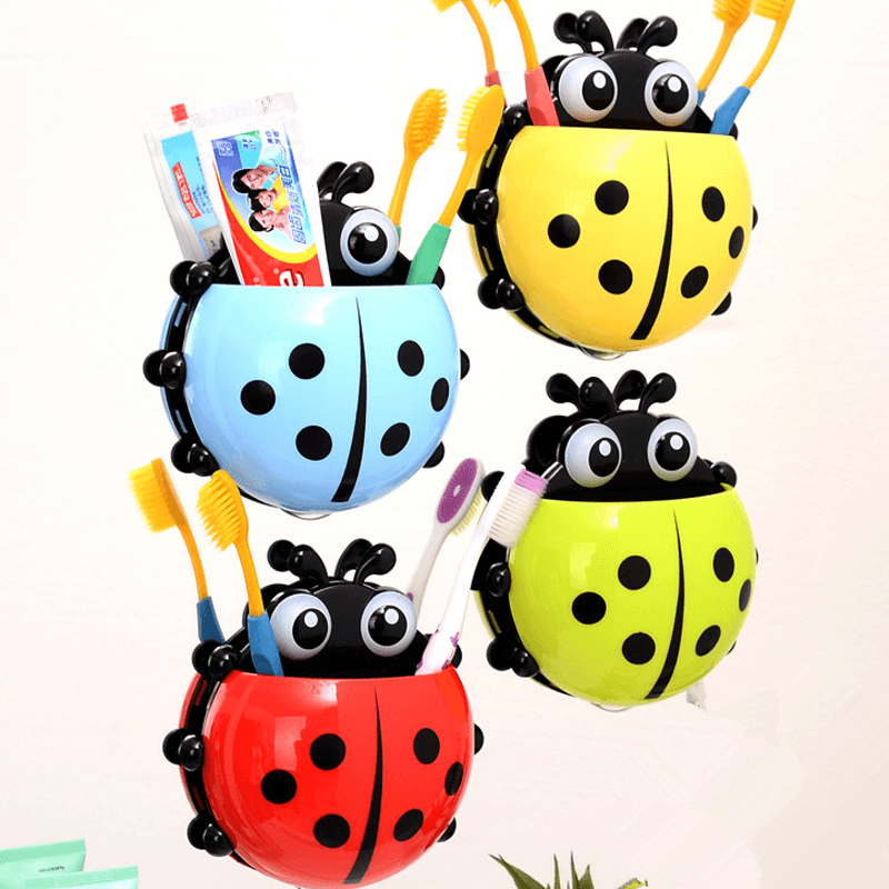 4 Color Toothbrush Cup Holder Storage Rack for Home Bathroom Organizer Ladybug Toothbrush Holder Strong Suction Cup Creative Cartoon PVC Wall Mount - MRSLM