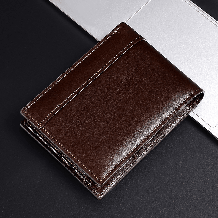 Men Genuine Leather RFID Anti-Theft Brush Multi-Card Slot Card Holder Coin Purse Money Clip Cowhide Wallet - MRSLM