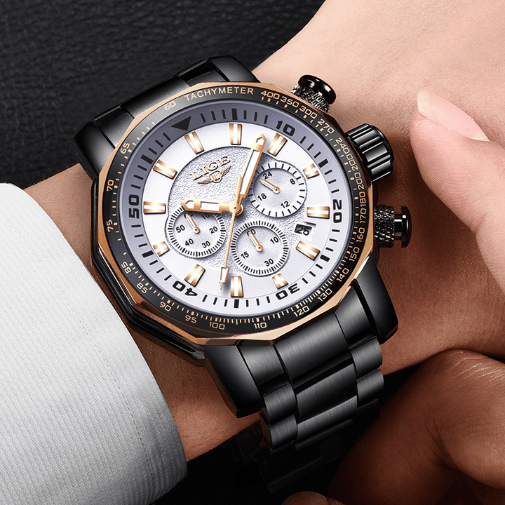 LIGE LG9871 Luxury Business Style Date Display Luminous Pointers Waterproof Stainless Steel Band Men Quartz Wrist Watch - MRSLM