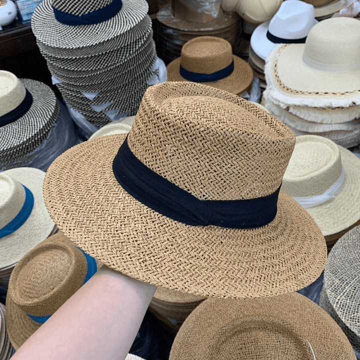 Summer Hat Flat Straw Hat Female Raffia Straw Hat Beach Vacation Sun Shade Sun Hat Fisherman Hat Net Red - MRSLM