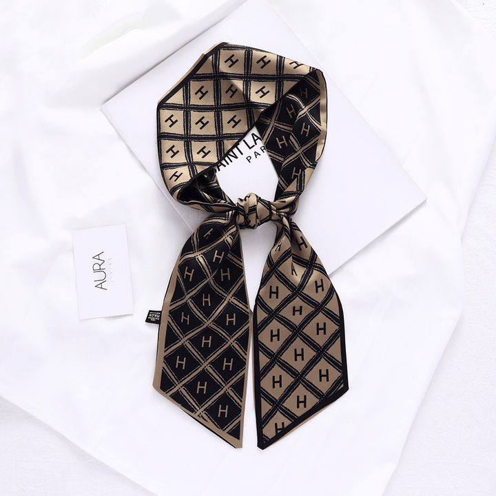 Retro French Forest Tied Hair Small Long Silk Scarf Female Lattice Letter Printing Tie Bag - MRSLM