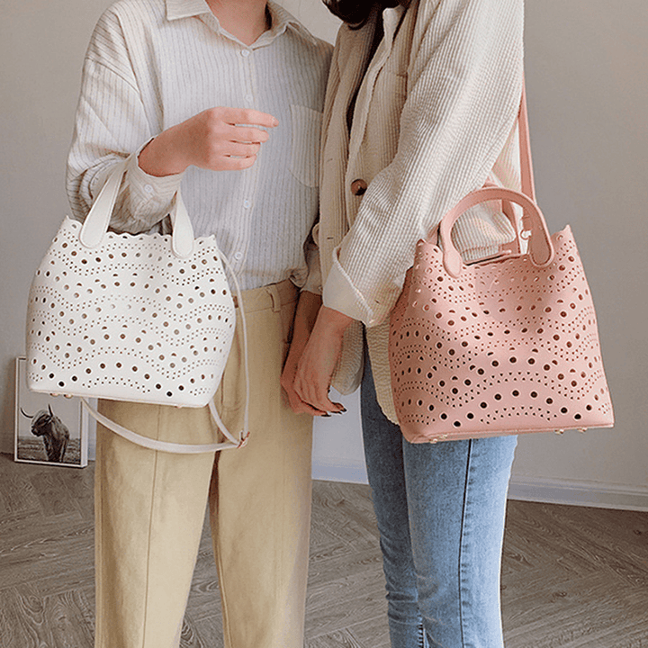 2 PCS Women Hollow Out PU Leather Bucket Bag - MRSLM