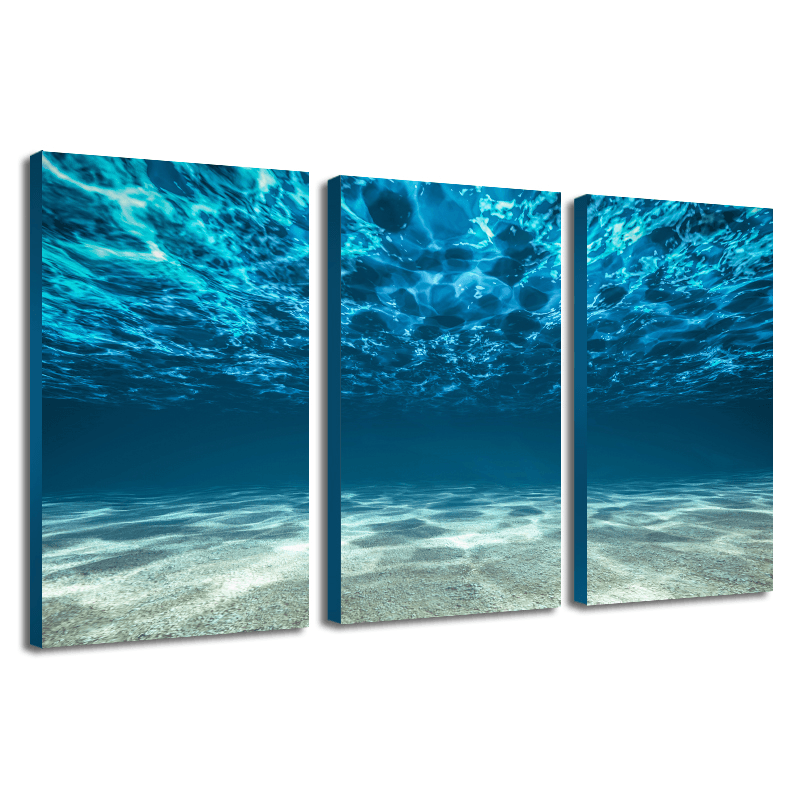 Miico Hand Painted Three Combination Decorative Paintings Light Blue Seawater Wall Art for Home Decoration - MRSLM