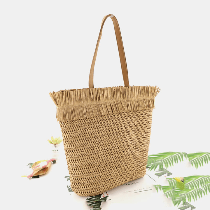 Women Straw Large Capacity Casual Retro Breathable Beach Bag Handbag Shoulder Bag - MRSLM