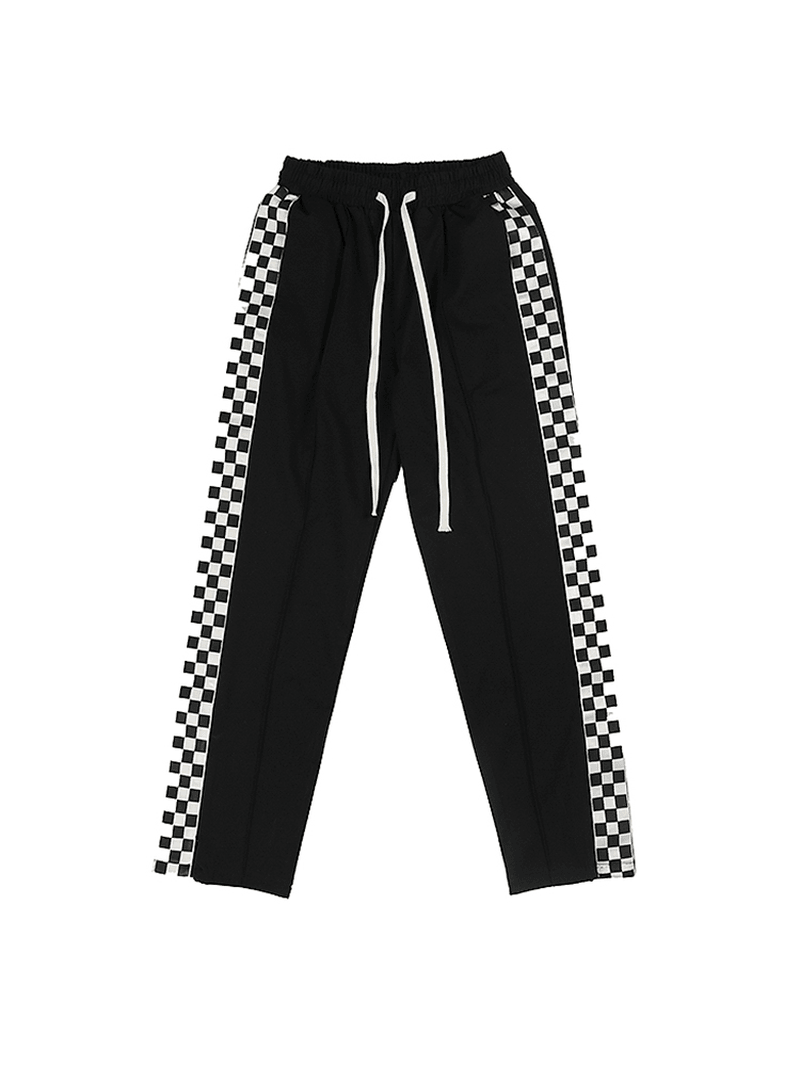 Checkerboard Side Split Straight Leg Sweatpants Hip-Hop Drop Feeling Stacked Drawstring Casual Pants Men - MRSLM