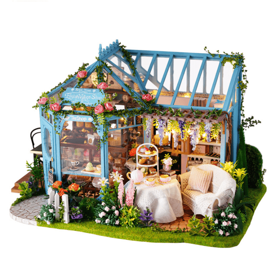 Cute Room Rose Garden Tea House DIY Handmade Assemble Doll House Kit Miniature Furniture Kit with Music & LED Effect Toy for Kids Birthday Xmas Gift House Decoration - MRSLM