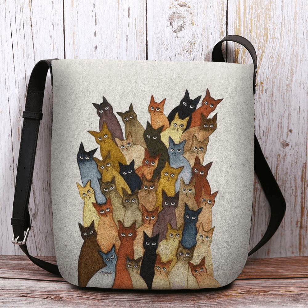 Women Felt Cute Cartoon Cats Print Casual Shoulder Bag Crossbody Bag - MRSLM