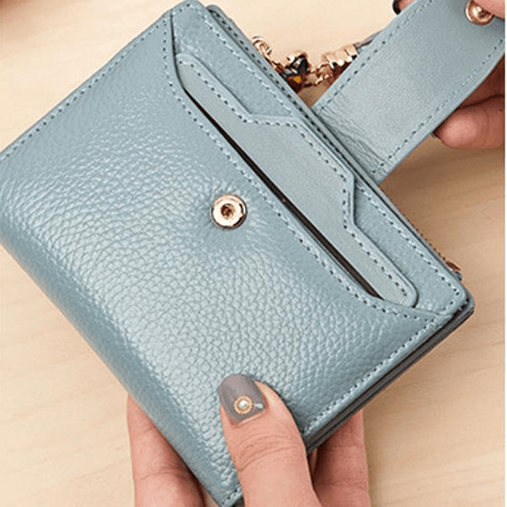 Women Casual Genuine Leather Purse 19 Card Slot Tassel Short Wallet - MRSLM