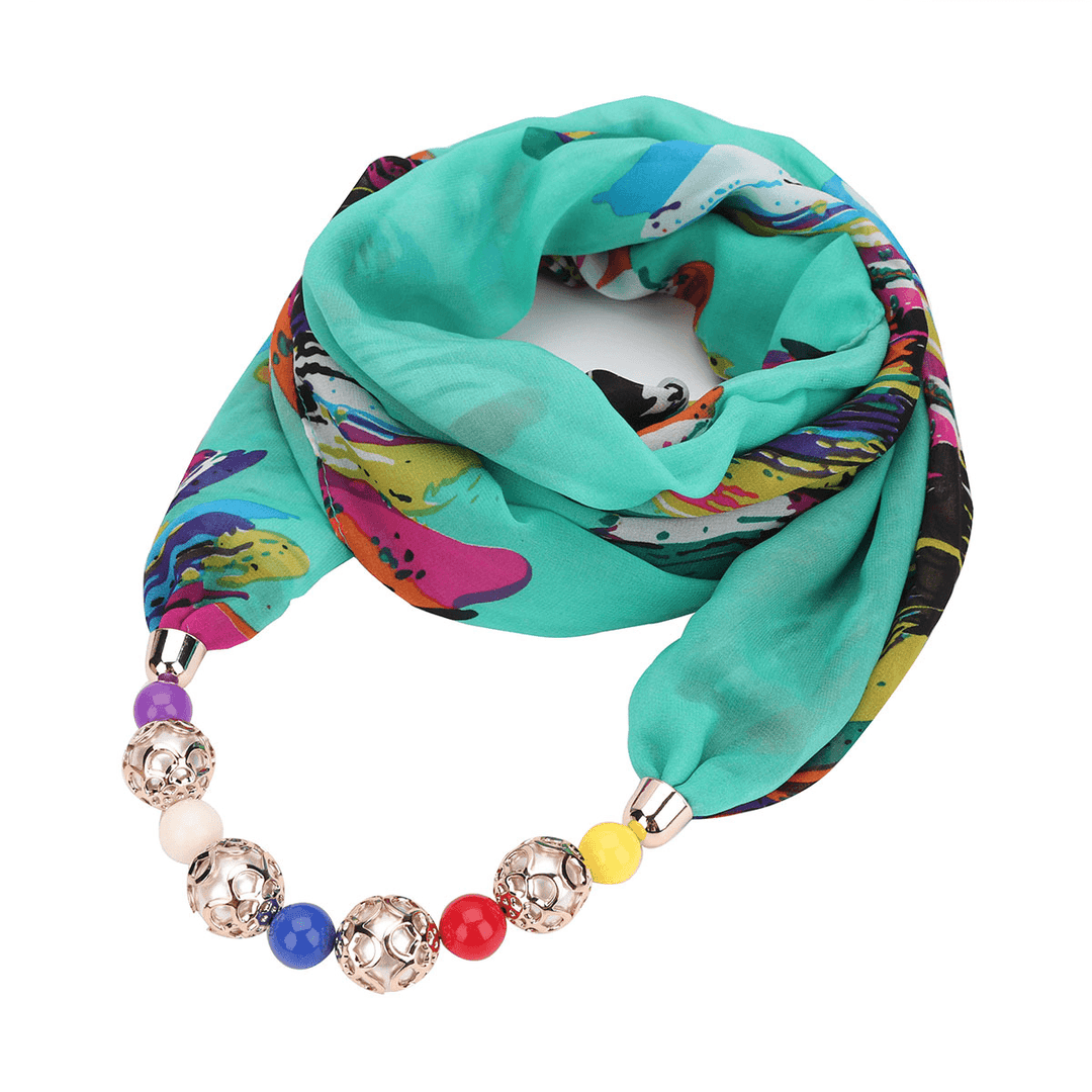 Print Alloy Pendant Scarf Beaded Pendant Scarfprinted Chiffon Necklace - MRSLM