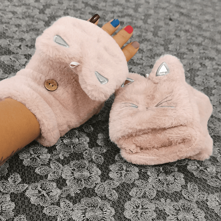 Women Plush plus Thicken Cute Cartoon Cat Pattern Keep Warm Half-Finger Gloves - MRSLM