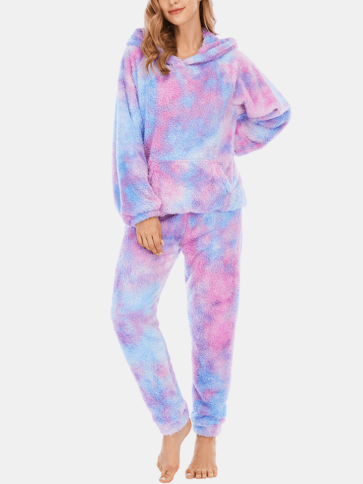 Women Tie Dye Kangaroo Pocket Long Sleeve Fleece Hoodie Loose Pants Home Soft Pajama Set - MRSLM