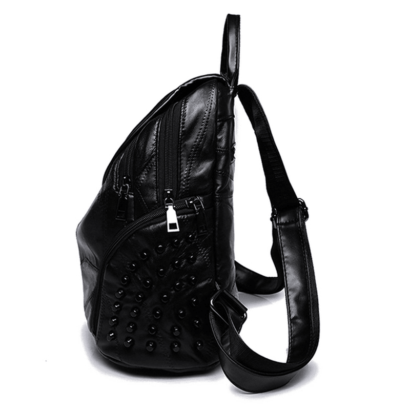 Women Genuine Leather Rivet Backpack Handbag Shoulder Bag - MRSLM