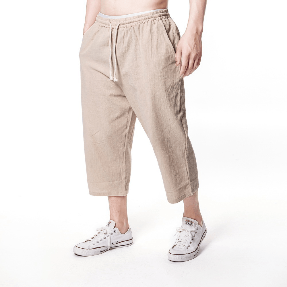 Mens Linen Solid Color Drawstring Casual Pants - MRSLM