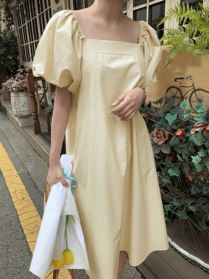 Puff Sleeve Square Collar Plain Solid Color Casual Midi Dress with Pocket - MRSLM