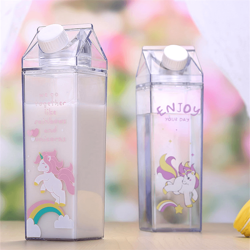 Portable Cup Novelty Milk Carton Shaped Cartoon Unicorn Printed Water Bottle - MRSLM