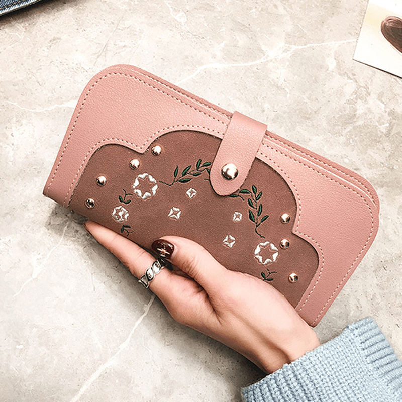 Women Dull Polish PU Leather Flower Pattern Long Wallet - MRSLM