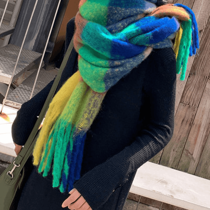 Women Cashmere Dual-Use Rainbow Mixed Color Stripes Thicken Warm plus Long Tassel Scarf Shawl - MRSLM