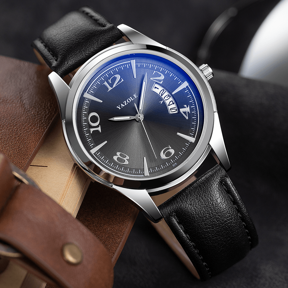 YAZOLE 515 Calendar Date Display Fashion Leather Strap Men Casual Dial Luminous Display Quartz Watch - MRSLM