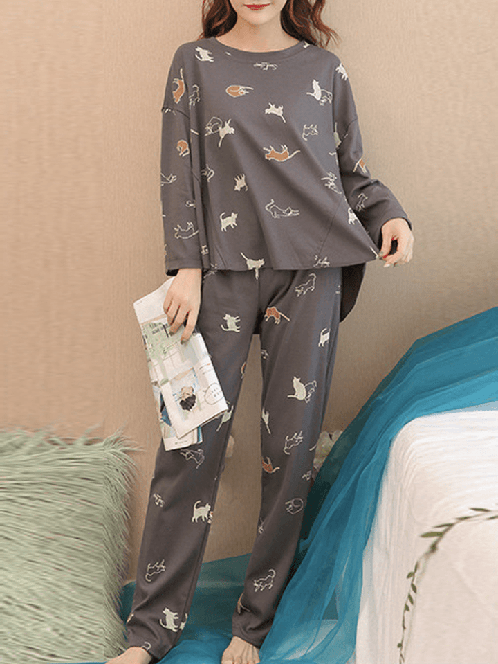 Women Funny Cartoon Cat Print round Neck Pocket Long Sleeve Home Pajama Set - MRSLM