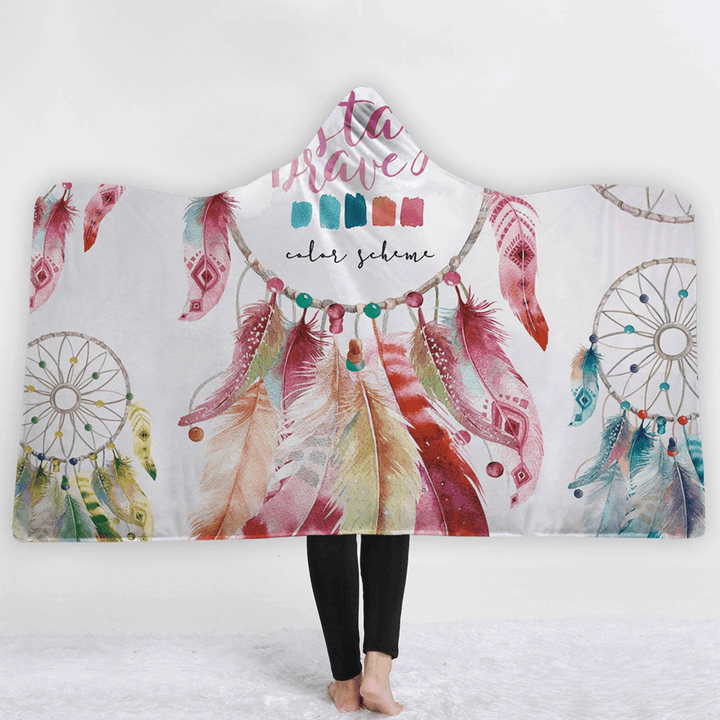 Bohemia Style Blankets Dream Catcher Watercolor Painting Hooded Blankets Warm Coral Fleece Sherpa Fabric Feather Drawing Throw Blankets - MRSLM