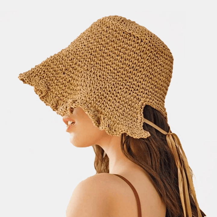 Women Fungus Edge Back Opening Bowknot Straw Hat Summer Sun Protection Bucket Hat - MRSLM