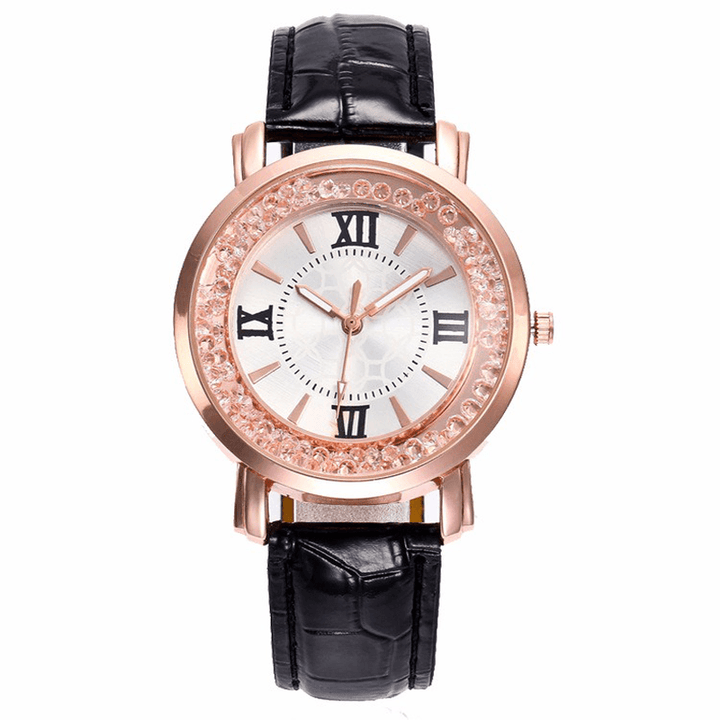 Fashion Rose Gold Flowing Crystal Roman Numerals Ladies Dress Bracelet Leather Women Quartz Watch - MRSLM