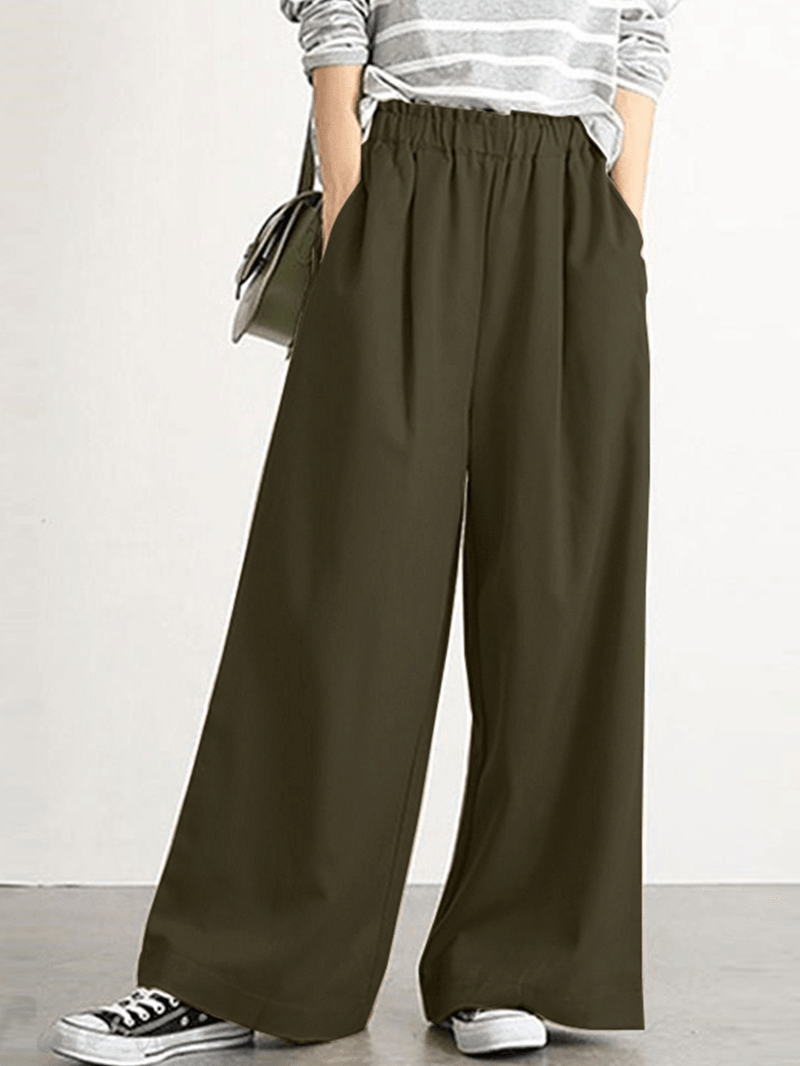 Women Casual Solid Color Elastic Waist Wide Leg Pants with Pocket - MRSLM