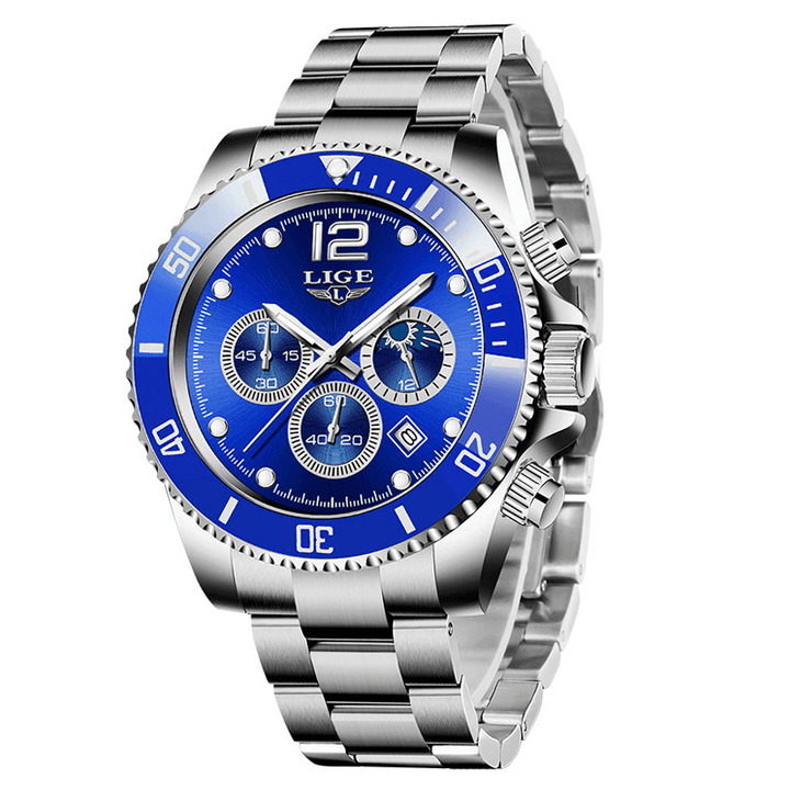 LIGE 8924 Business Casual Multifunctional Luminous Pointer with Small Dials Chronograph Stainless Steel Strap 3ATM Waterproof Men Quartz Watch Wristwatch - MRSLM